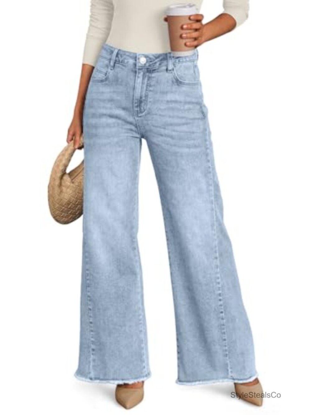 Wide Leg Jeans Relaxed Loose Raw Hem Mid Rise Stretch Cotton Blend
